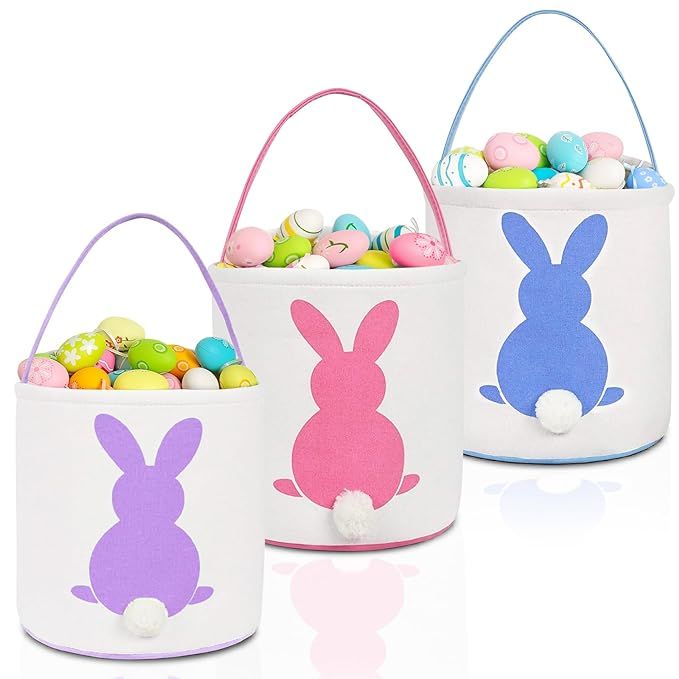 Easter Bunny Baskets for Kids, 3 Pack Canvas Easter Eggs Hunt Bag Rabbit Gifts Toys Bucket Tote (... | Amazon (US)