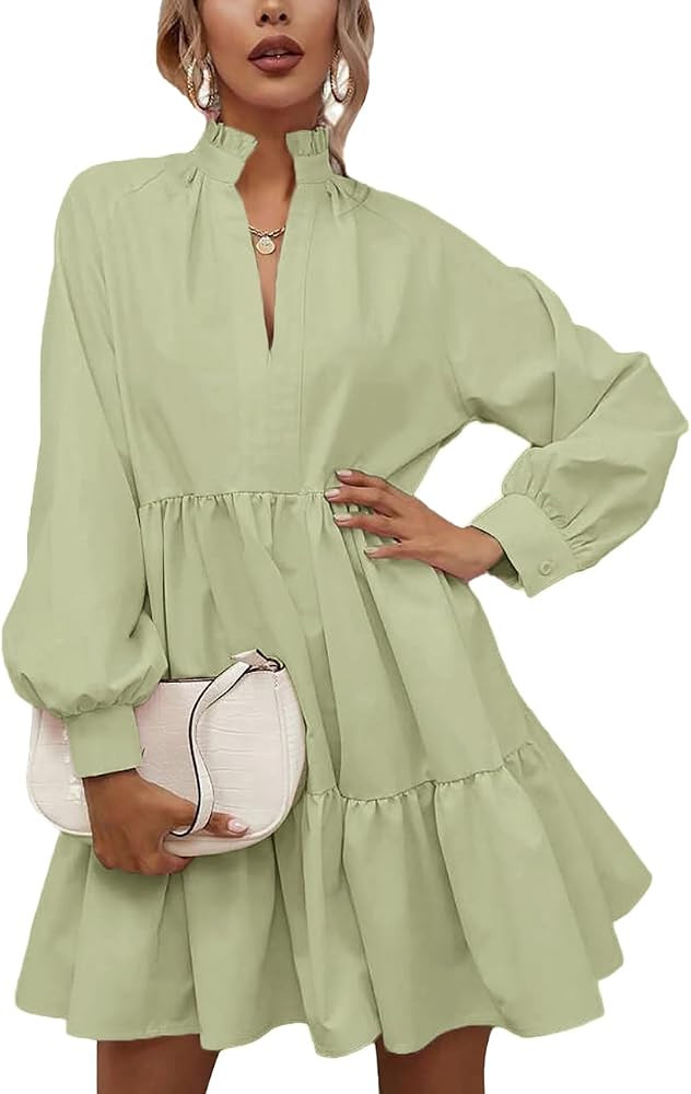 Rooscier Women's V Neck Lantern Long Sleeve Ruffle Babydoll Swing Mini Dress | Amazon (US)