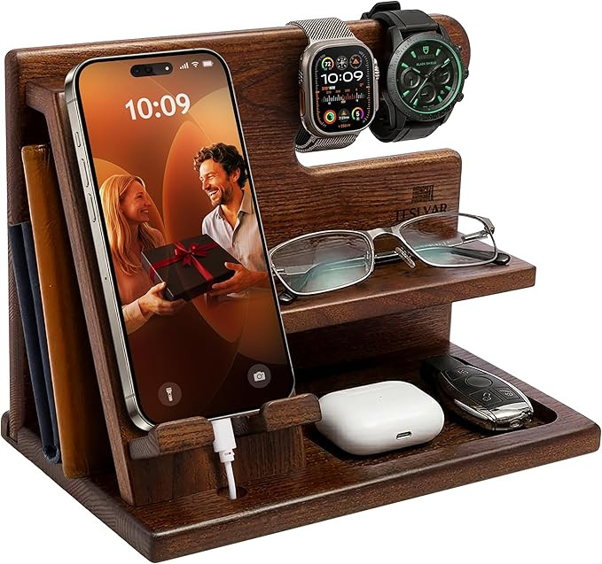 TESLYAR Wood Phone Docking Station for Men - Desktop or Nightstand Organizer - Birthday Gifts for... | Amazon (US)