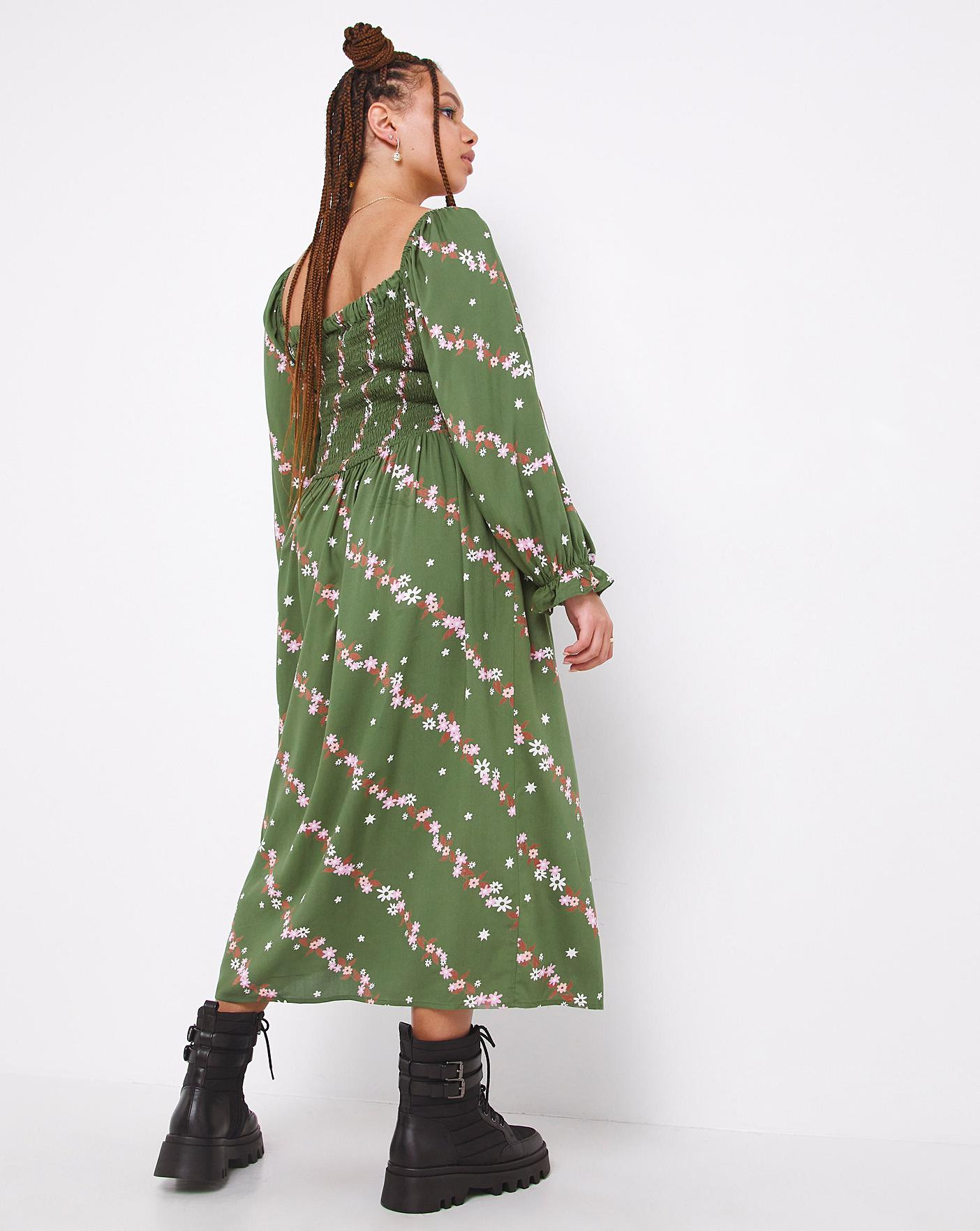 Khaki Floral Shirred Square Neck Long Sleeve Midi Dress | Simply Be (UK)