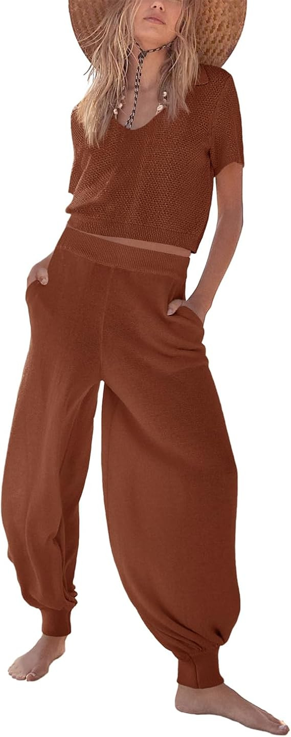 Danedvi Women's 2 Piece Sweater Suit Loose Fit Knit V Neck Top High-rise Pants with Pocket | Amazon (US)