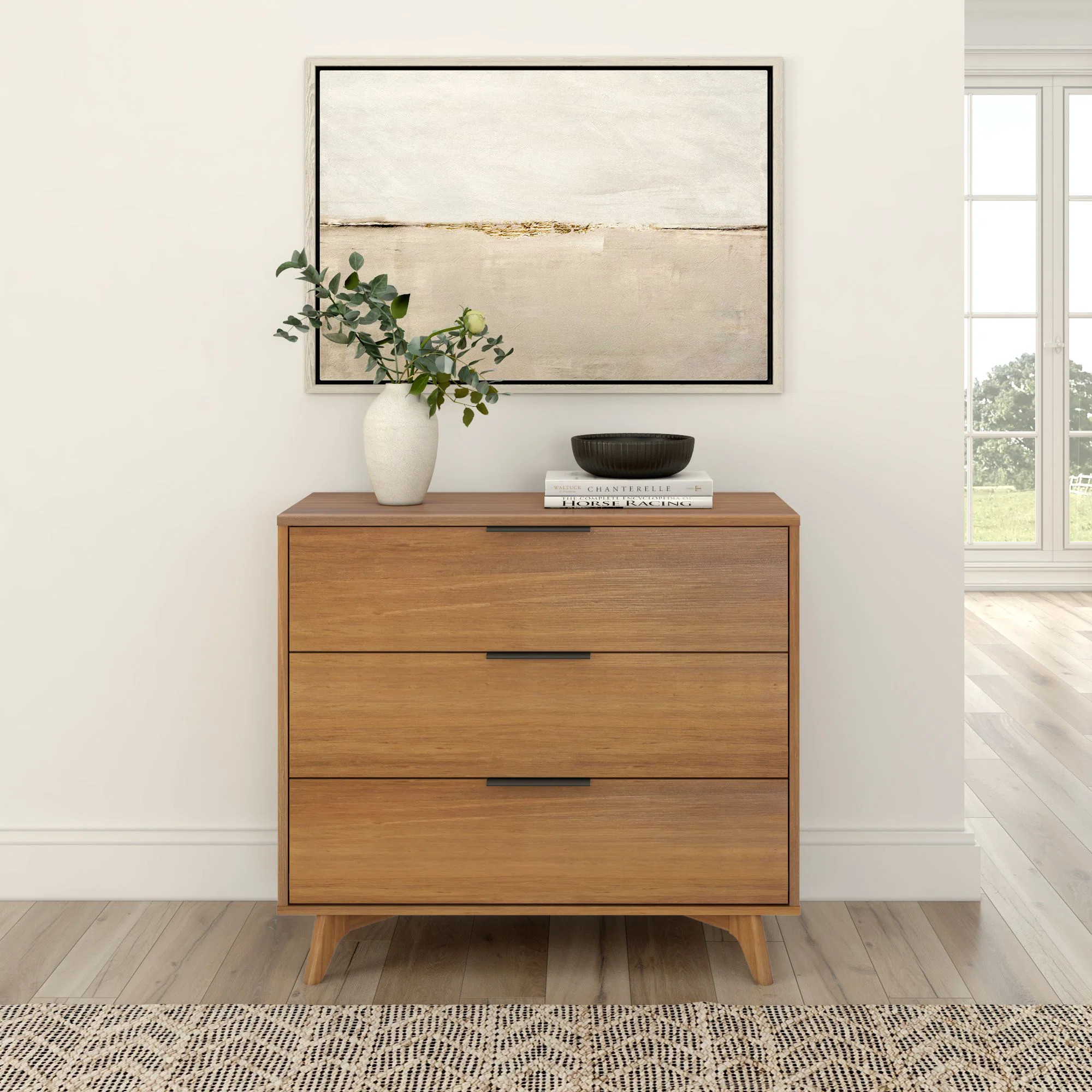 3 Drawer 37" W Solid Wood Dresser with Brass Handle | Wayfair North America