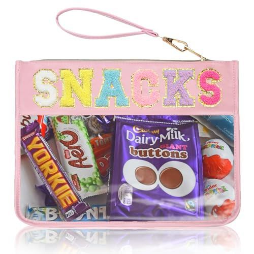 Burskit Clear Zipper Pouch for Travel Snacks Bag Nylon Clear Cosmetic Bag Makeup Travel Bag for Women with Glitter Patch Letters (Pink-Snacks) | Amazon (US)