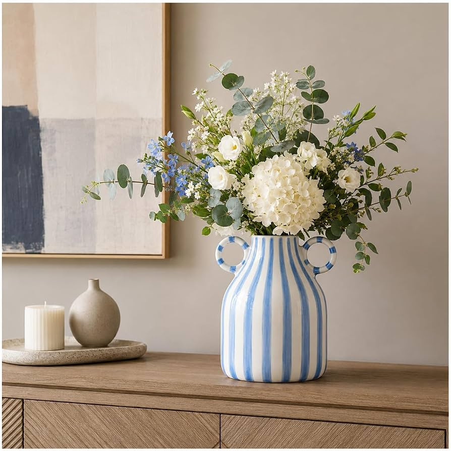 Blue and White Ceramic Vase, 6.10 in Striped Flower Vase | Amazon (US)
