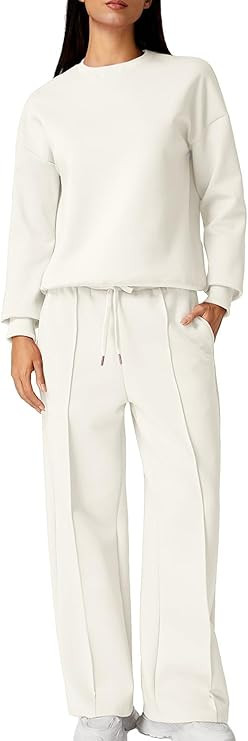 QINSEN 2 Piece AirCotton Outfits Sweatsuits Long Sleeve Pullover Sweatshirt Wide Leg Sweatpant wi... | Amazon (US)
