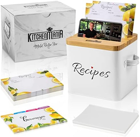 KitchenMania Metal Recipe Box With Cards and Dividers, Bamboo Lid With Phone Holder, Comes with L... | Amazon (US)
