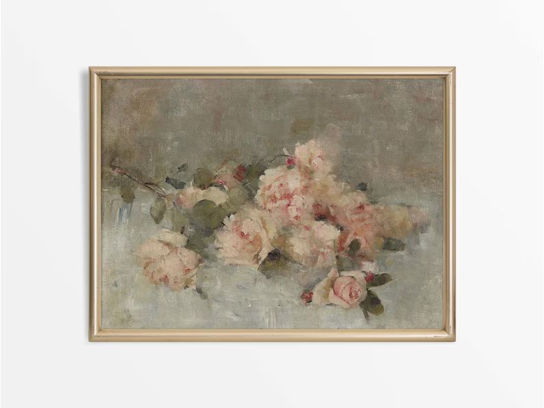 Neutral Minimalist Floral Still Life, Rustic Vintage Rose Oil Painting, Antique Flower Wall Art P... | Etsy (UK)
