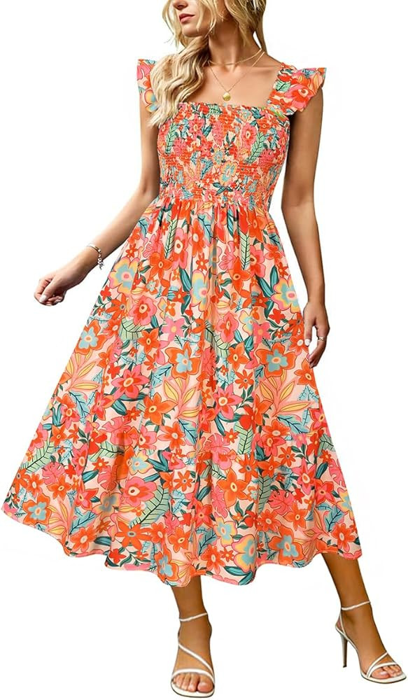 RITERA Plus Size Dress Women Summer Sleeveless Square Neck Smocked Ruffle Strap Midi Beach Sundre... | Amazon (US)