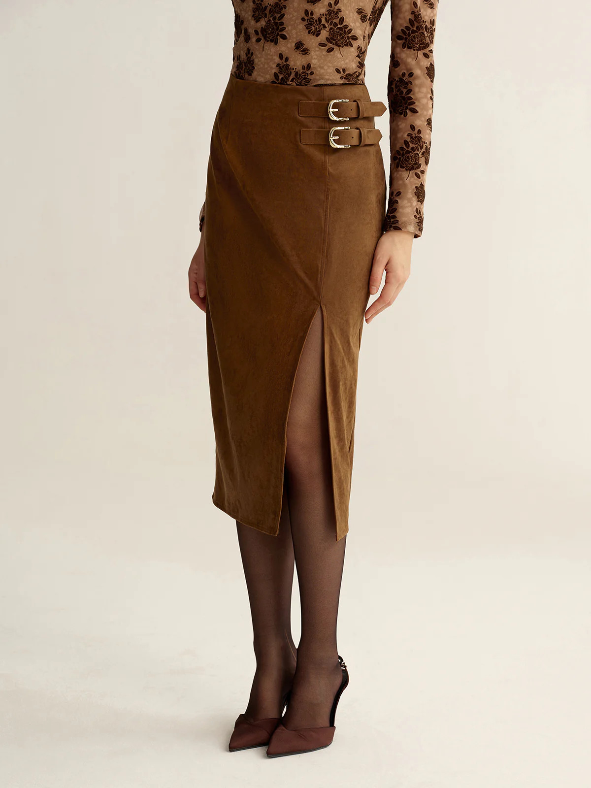 Buckle Detail Side Slit Suede Effect Maxi Skirt | Commense