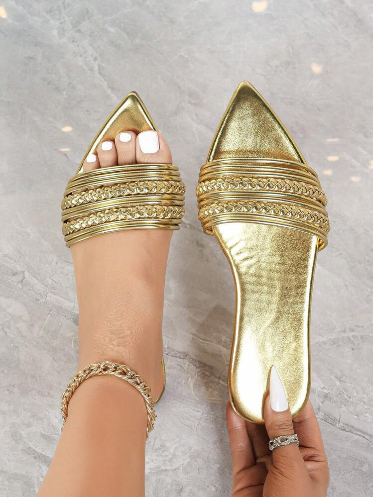 French Handmade Woven Gold Strap Sandals, New Summer Resort Style Flat Pointed Toe Slip-On Slippers | SHEIN