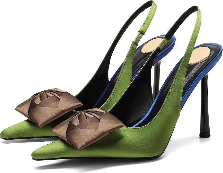 Women's Square Rose Flower Slingback Pumps - Closed Pointed Toe High Heels with Elastic Strap 4.3... | Amazon (US)