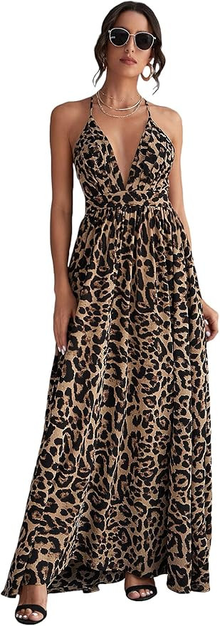 Floerns Women's Deep V Neck Leopard Crisscross Backless Beach Maxi Dress | Amazon (US)