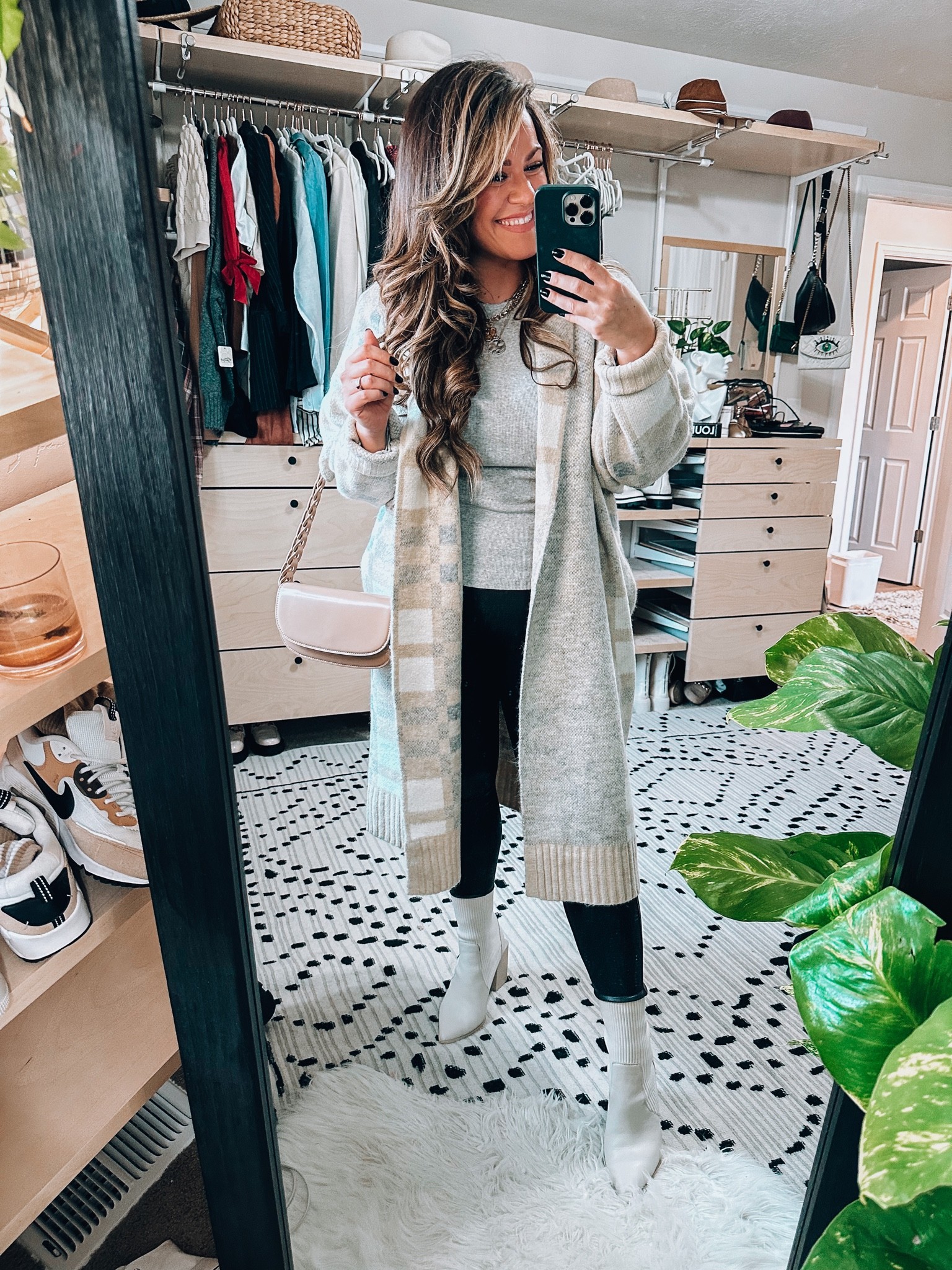 Workwear midsize outfit with spanx faux leather leggings - coatigan is target wearing a large (not online yet- linked similar)- long sleeve top Walmart xl - faux leather leggings I sized up to a 1x (code TARYNTRULYXSPANX) - cream sock booties sized up a 1/2 size - bag is Amazon 

#LTKworkwear #LTKSeasonal #LTKcurves