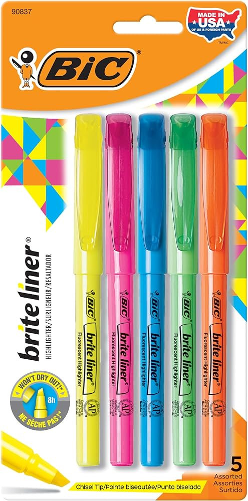 BIC Brite Liner Highlighters, Chisel Tip, 5-Count Pack of Highlighters Assorted Colors, Ideal Hig... | Amazon (US)