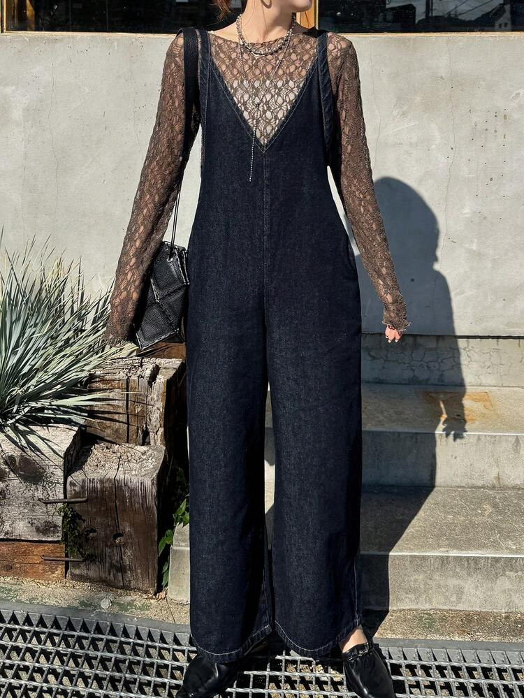 FRIFUL Women's Solid Color V-Neck Sleeveless Casual Straight Loose Denim Jumpsuit | SHEIN