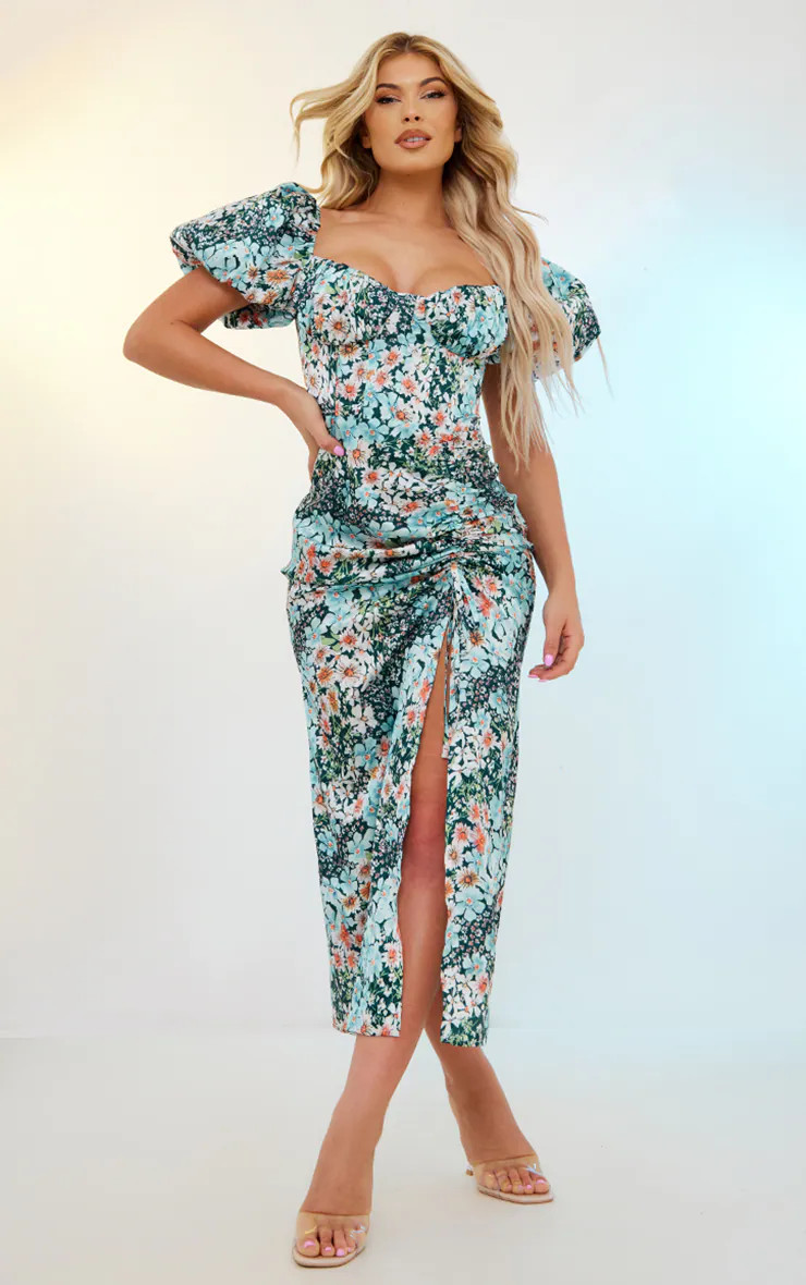 Blue Floral Print Satin Puff Sleeve Corset Ruched Midaxi Dress | PrettyLittleThing UK