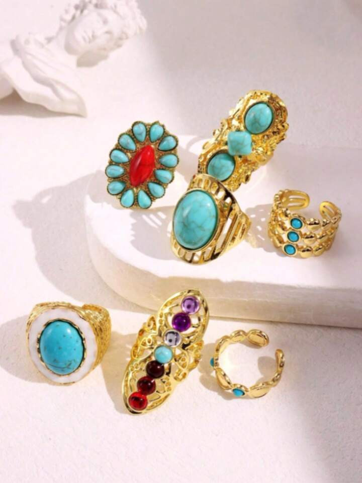 4pcs/7pcs Vintage Turquoise & Gold Color Rings Set, Fashion Jewelry Accessories For Women, Random Style Delivered | SHEIN