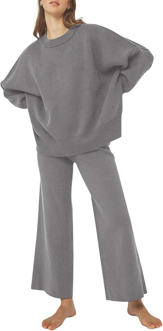 LILLUSORY Women 2 Piece Outfits Sweatsuit Sweater Sets Oversized Knit Pullover Tops Wide Leg Pant... | Amazon (US)