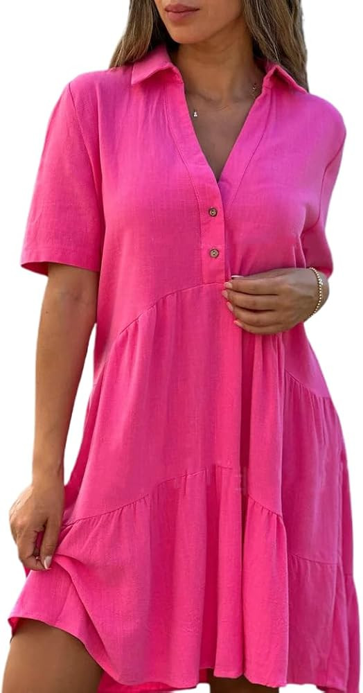 Akivide Women's Cotton Linen Polo Neck Midi Dress Half Button Flowy Tiered High Waist Short Sleev... | Amazon (US)