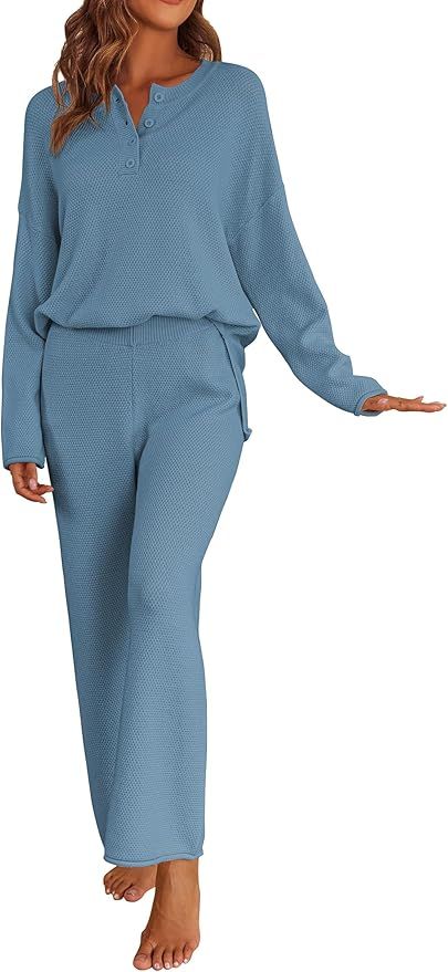 Ekoauer Pajamas Set Women Long Sleeve 2 Piece Outfits Knit Sweater Slouchy Button Sleepwear Sets ... | Amazon (US)