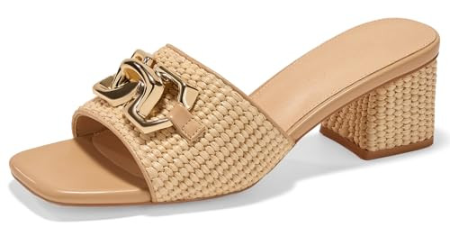 Women's Raffia Slide Sandals Square Open Toe Sandal Chunky Heeled Metal Chain Dressy Shoes | Amazon (US)