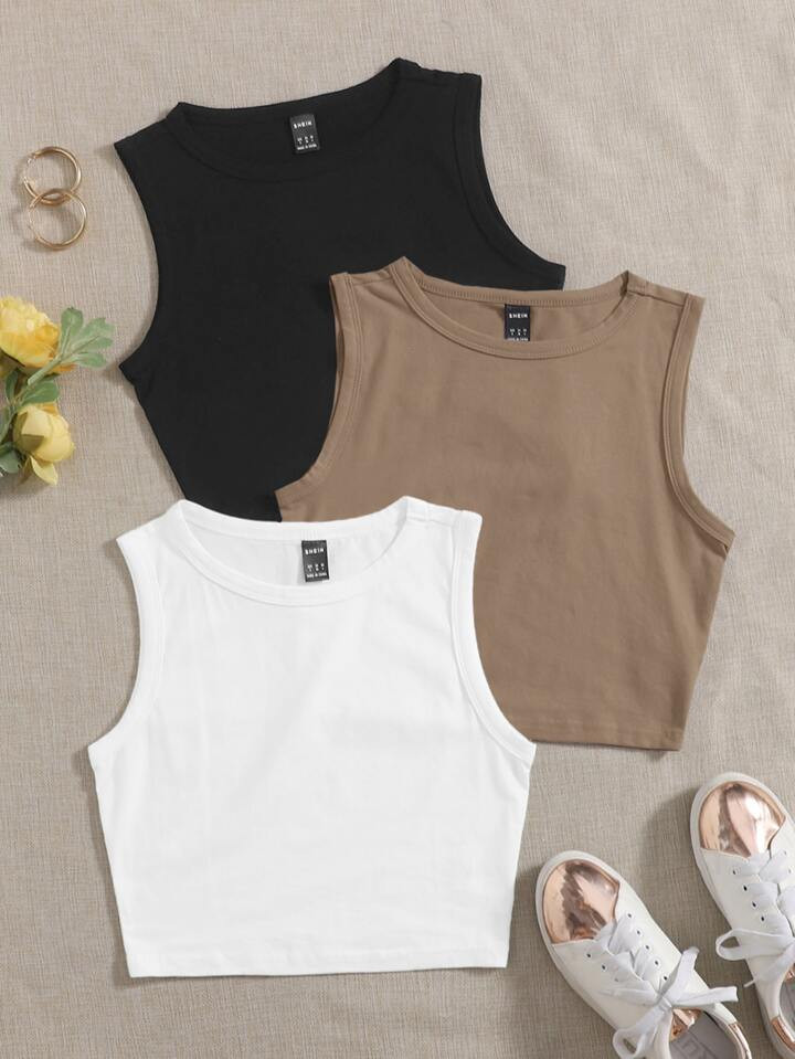 SHEIN EZwear 3 PCS Round Neck Tank Top | SHEIN