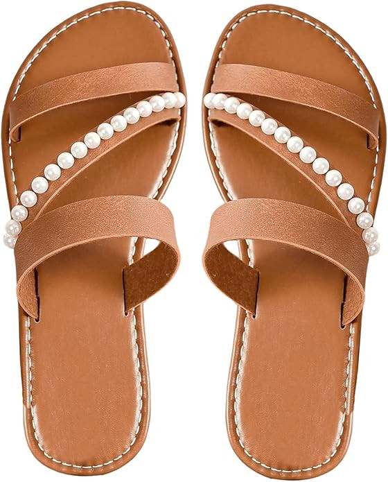 Verdusa Women's Pearls Braided Flat Sandals Open Toe Slip On Beach Slides | Amazon (US)