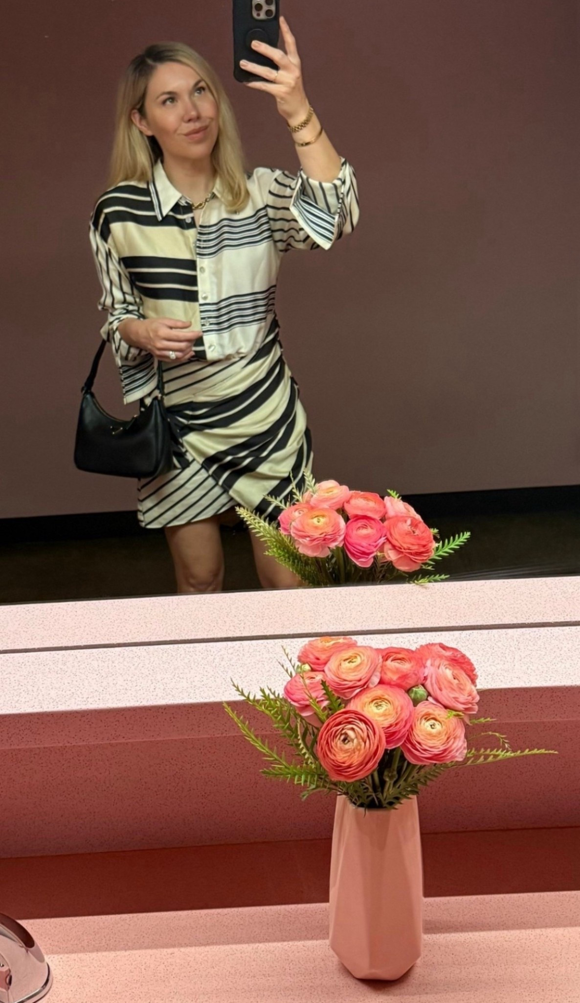 I’ve worn this dress more times than I can count! Sooo good!

Stripe dress
Revolve dress
Prada bag