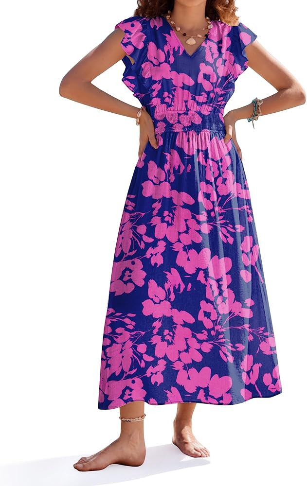 Kate Kasin Women's 2026 Summer Dress, Casual Floral Beach Maxi Dresses, Flutter Sleeve Long Flowy... | Amazon (US)