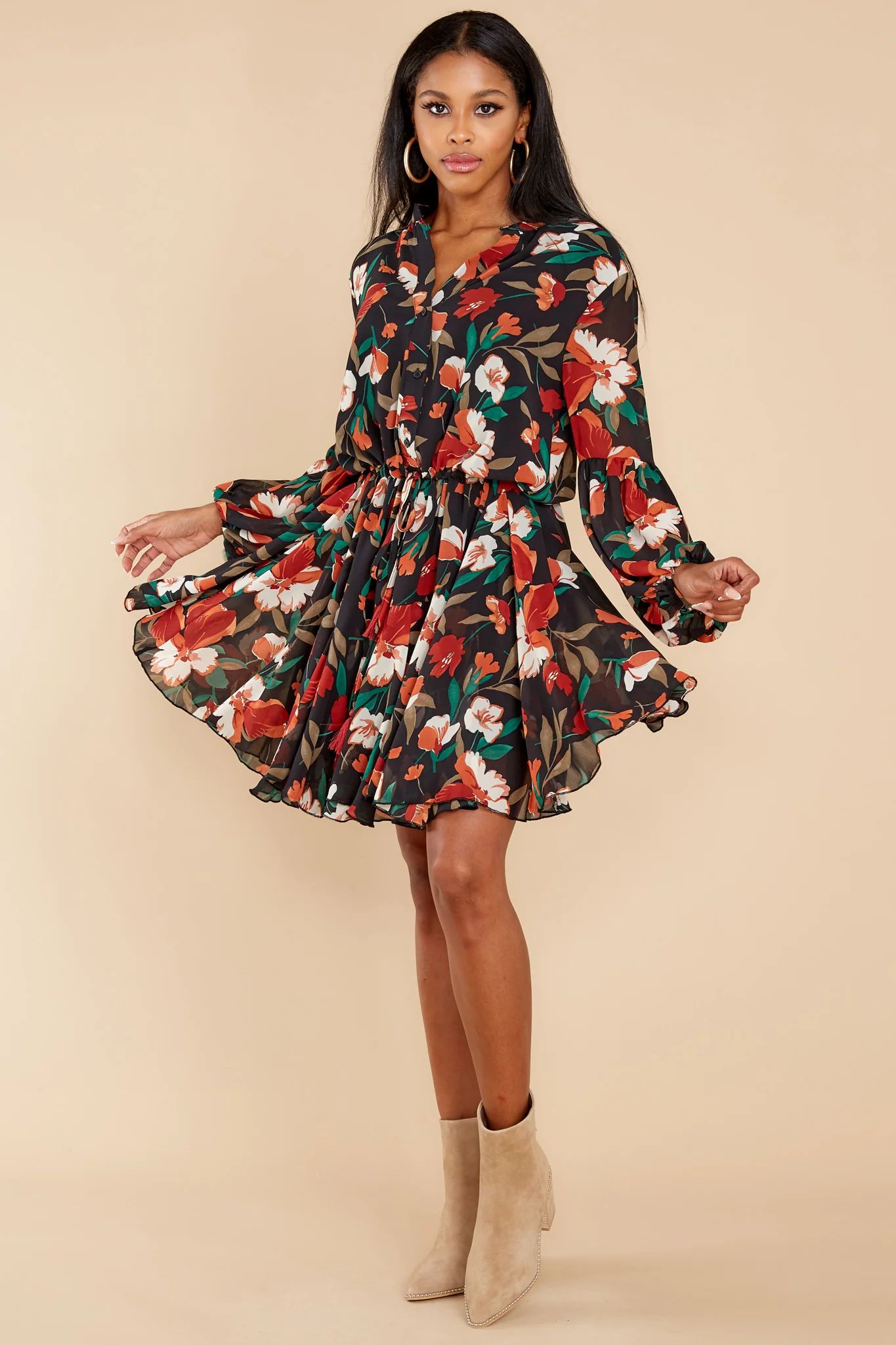 Petal Down Black And Rust Floral Print Dress | Red Dress 
