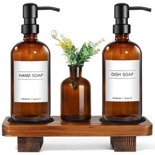 Kitchen Soap Dispenser Set with Wood Riser Tray, Glass Soap Dispenser with Stainless Steel Pump, Amber | The Home Depot