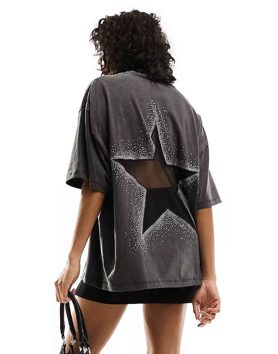 ASOS DESIGN embellished star oversized t-shirt in washed black | ASOS (Global)