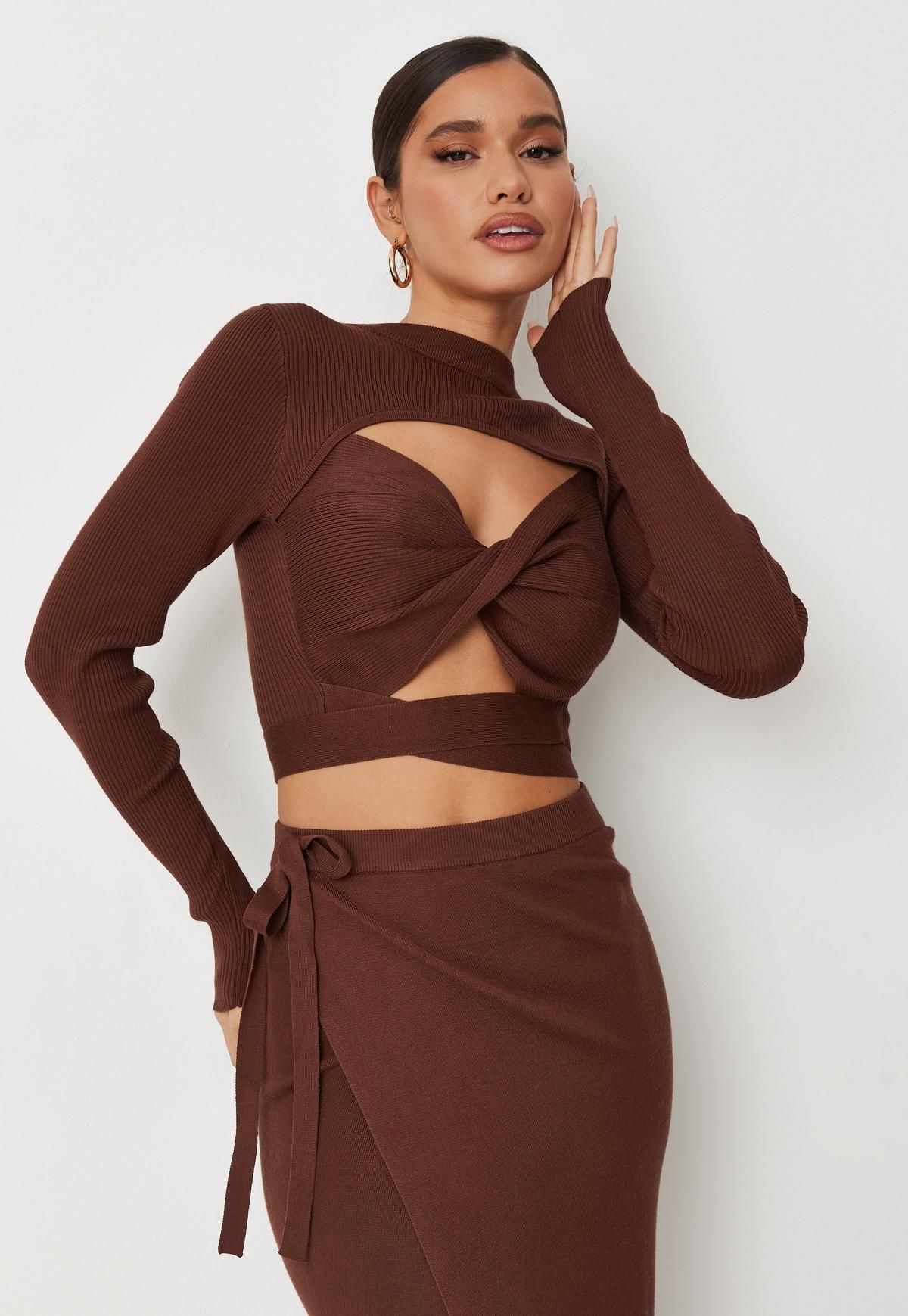 Missguided - Tall Chocolate Wrap Front Arm Warmer Knit Top | Missguided (UK & IE)