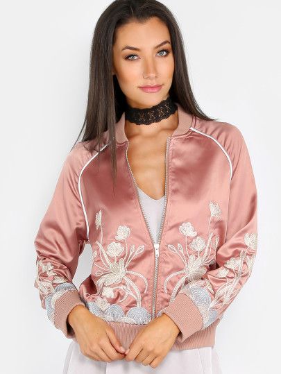 Embroidered Satin Bomber Jacket DUSTY PINK -SheIn(Sheinside) | SHEIN