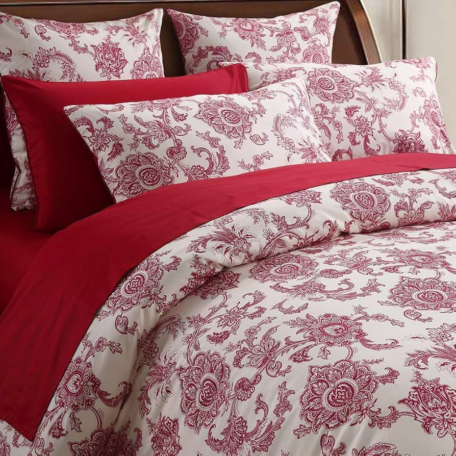 Softta Luxury King Size Vintage Red Flower Paisley Pattern on Off- White Retro Lvory White Fresh ... | Amazon (US)
