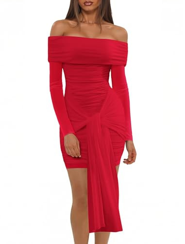 Off Shoulder Mesh Dress Long Sleeve Ruched Bodycon Dresses for Women Tie Waist Party Red Small | Amazon (US)