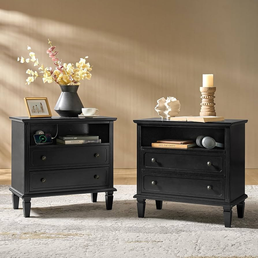 HULALA HOME Farmhouse Nightstand with Charging Station, Set of 2 End Table with USB Ports and Out... | Amazon (US)