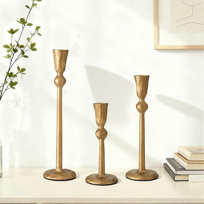 Set of 3 Antique Brass Taper Candle Holders Iron Candlestick Holder for Table Centerpieces Weddin... | Amazon (US)