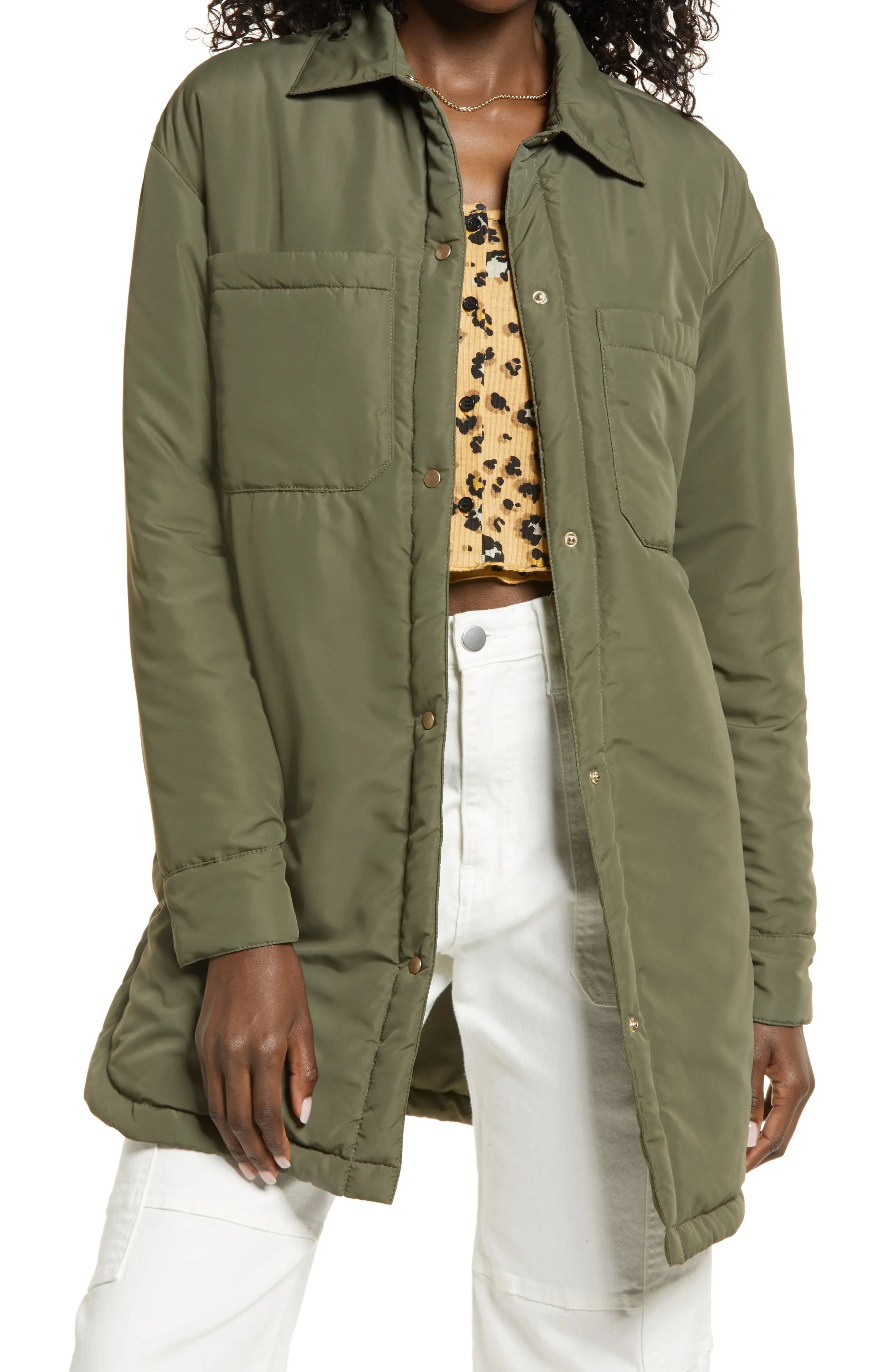 BP. Polly Oversized Quilted Shirt Jacket in Olive Sarma at Nordstrom, Size Small | Nordstrom