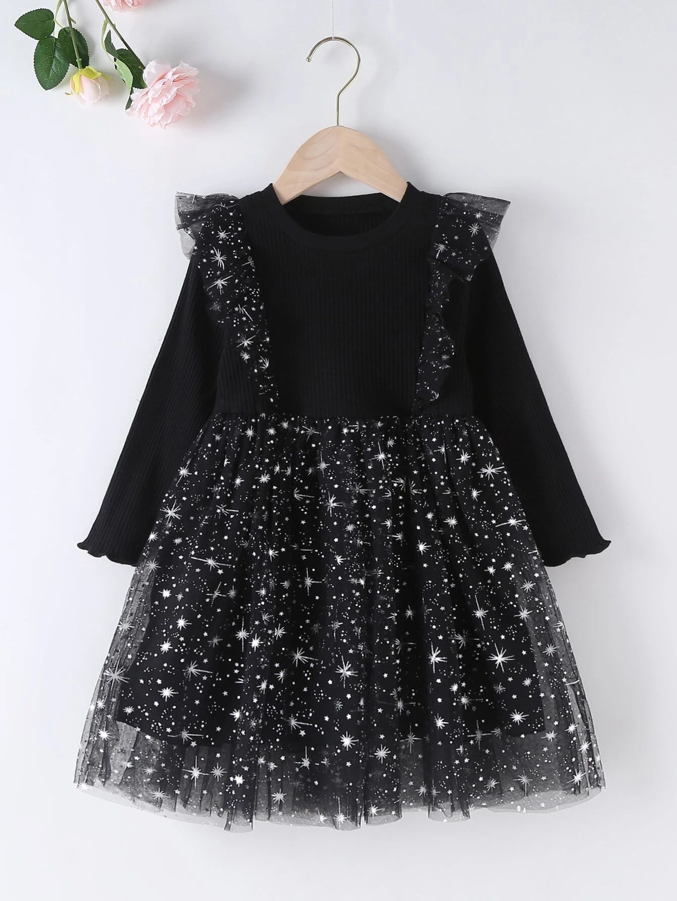 Toddler Girls Contrast Star Mesh Ruffle Trim Dress | SHEIN