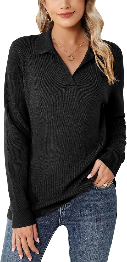 Romanstii Women's Knitted Collared Sweaters Long Sleeve V-Neck Polo Shirts Winter Pullover Tops | Amazon (US)