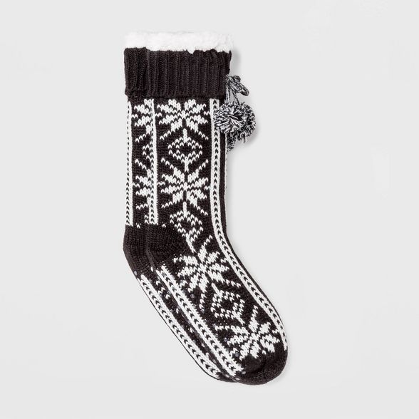 Women's Fair Isle Sherpa Lined Slipper Socks with Poms & Grippers - Black 4-10 | Target