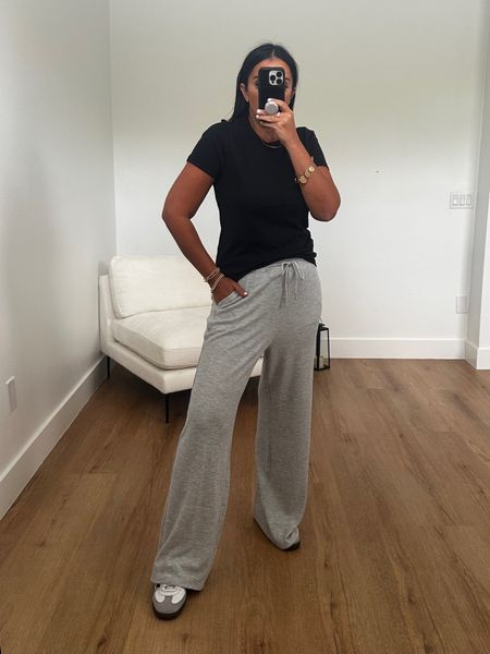 Women's Gilly Hicks Waffle Wide-Leg Pants wearing size medium. Longer-Length Crew T-Shirt  wearing size medium. Adidas Sambas
