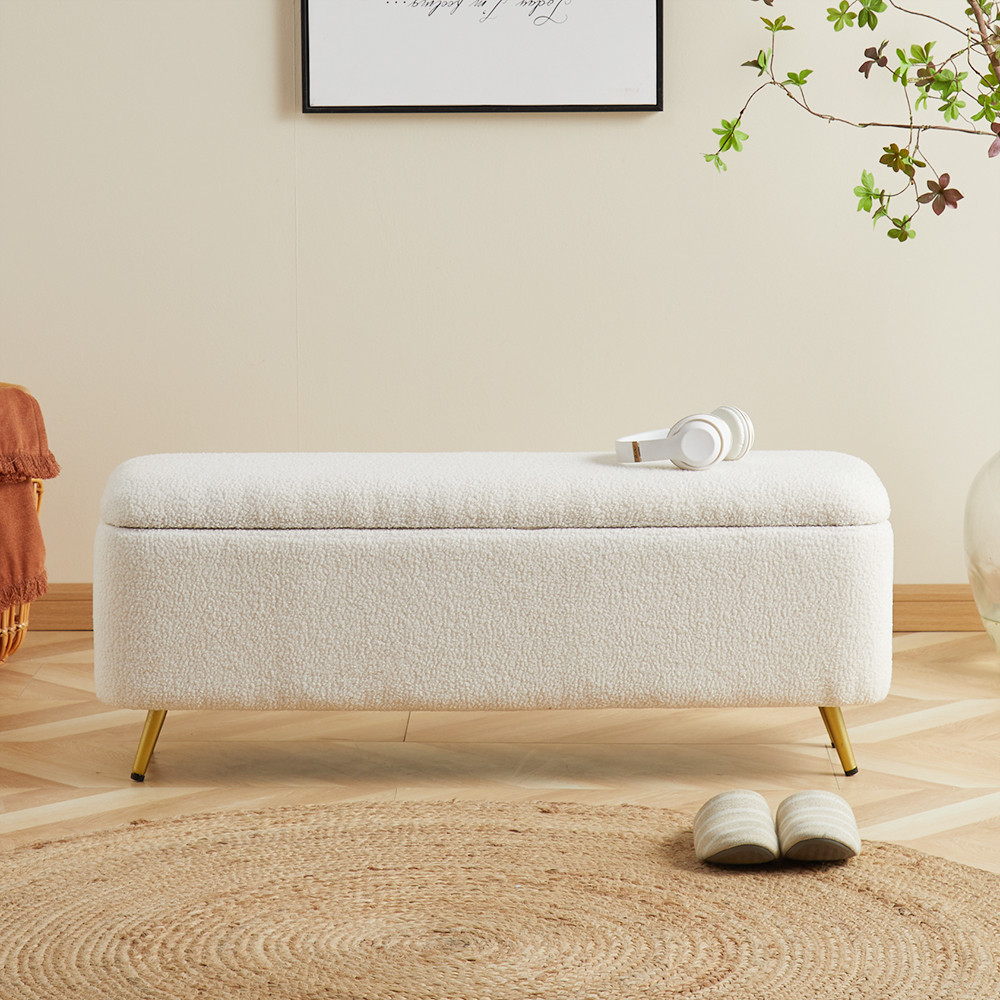 Modern Bedroom Boucle White Bench Upholstered Ottoman with Storage & Gold Legs-Homary | Homary