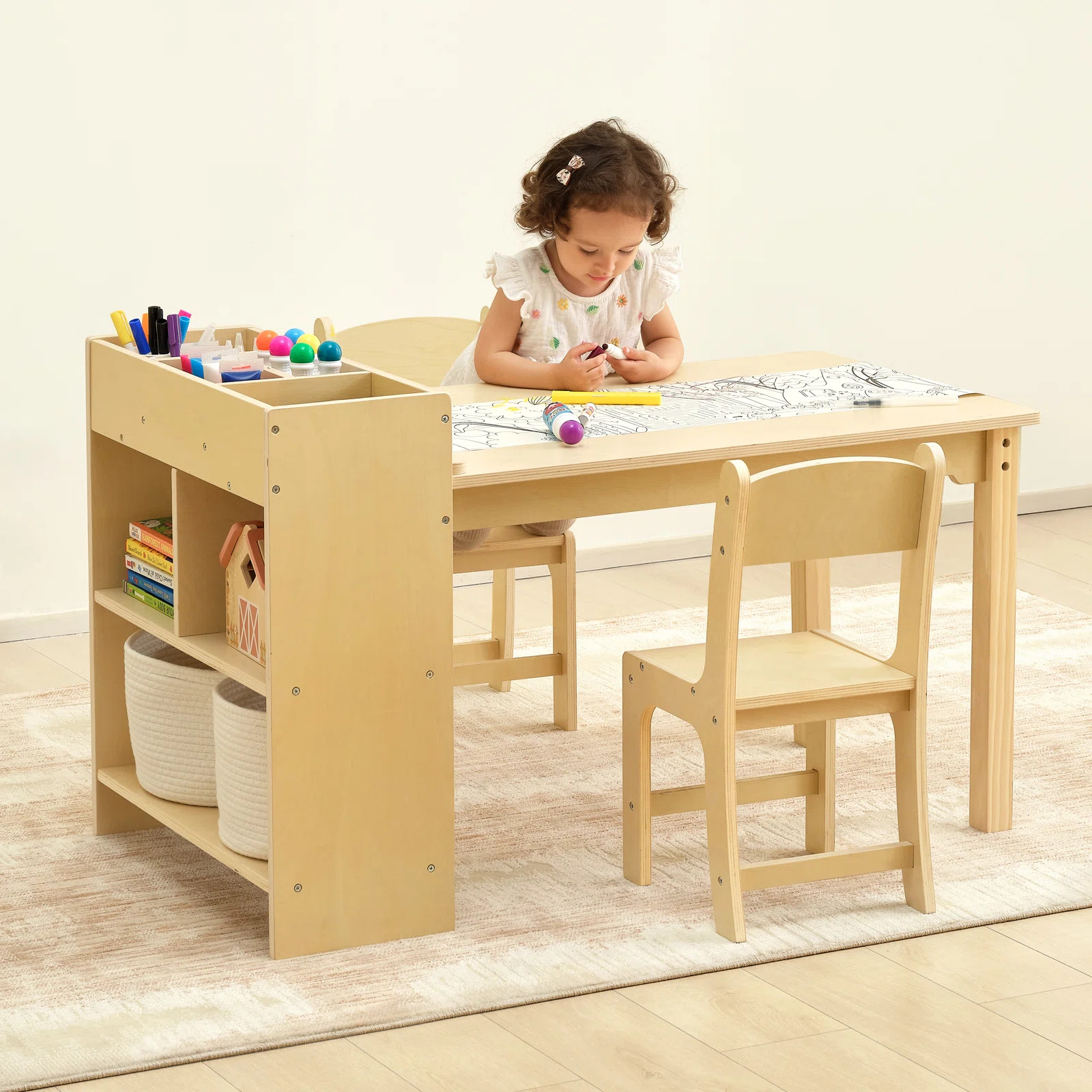 Kids Art Table And 2 Chairs, Toddler Activity Table With Large Storage Shelves | Wayfair North America
