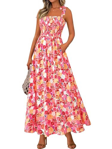 PRETTYGARDEN Womens Summer Dresses Floral Sleeveless Smocked Maxi Dress Boho Spaghetti Strap A Line Flowy Beach Long Sundress(Light Apricot Pink Flower,Large) | Amazon (US)