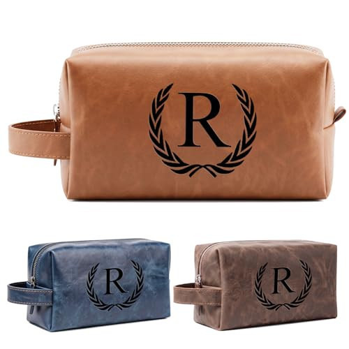 XUMGCUTM Personalized Gifts for Men Dad Husband Groomsmen,Mens Leather Toiletry Travel Bag,Engraved Initial Waterproof Shaving Bags,Birthday Christmas Gift for Men(R, Light Brown) | Amazon (US)