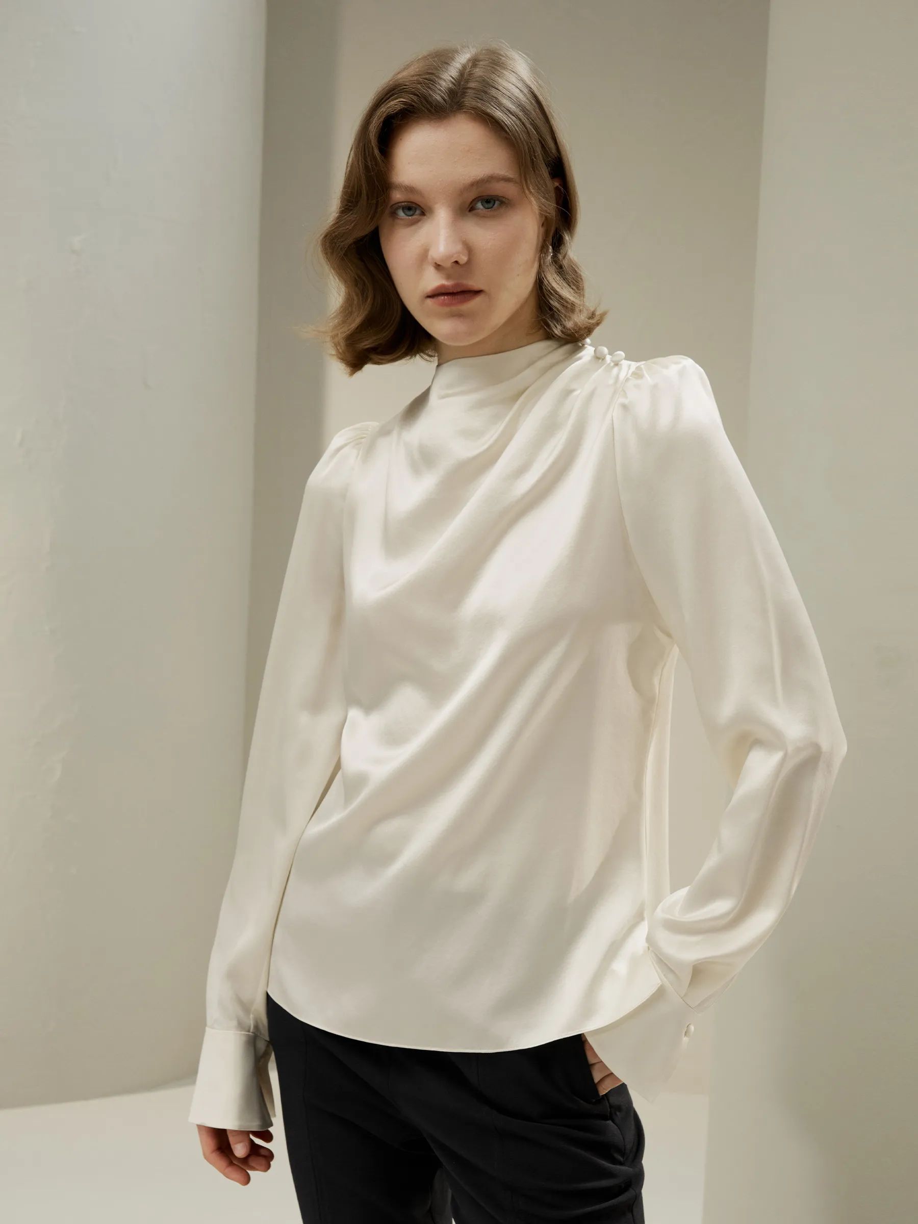 Asymmetrical Silk Blouse with Puff Sleeves | LilySilk
