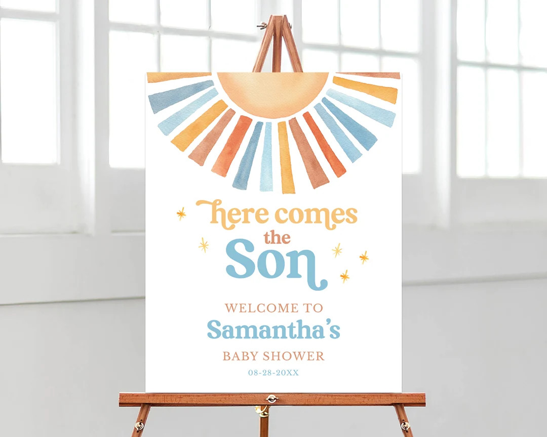 Editable Sunshine Baby Shower Welcome Sign, Here Comes the Son Baby Shower Poster, Boy Sonshine S... | Etsy (US)