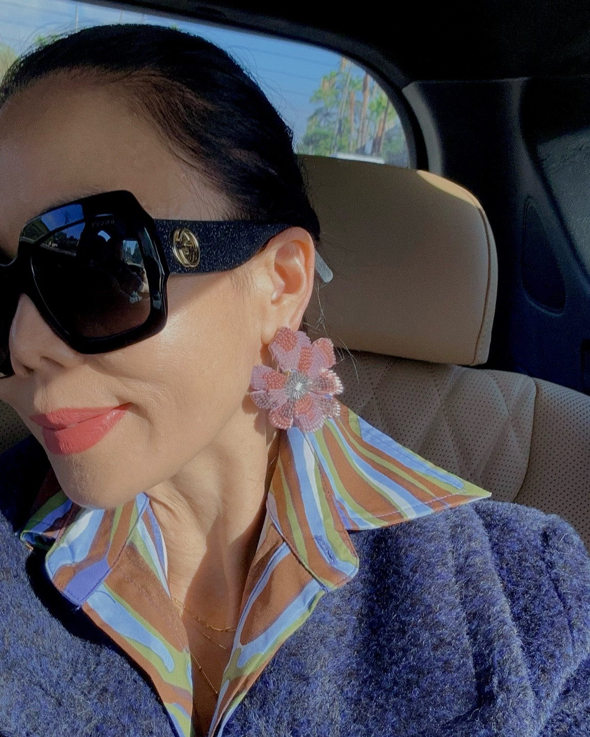 Details of the day. Statement earrings, oversized sunglasses , cotton shirt dress & wool coat. 

#LTKHolidaySale #LTKover40 #LTKHoliday